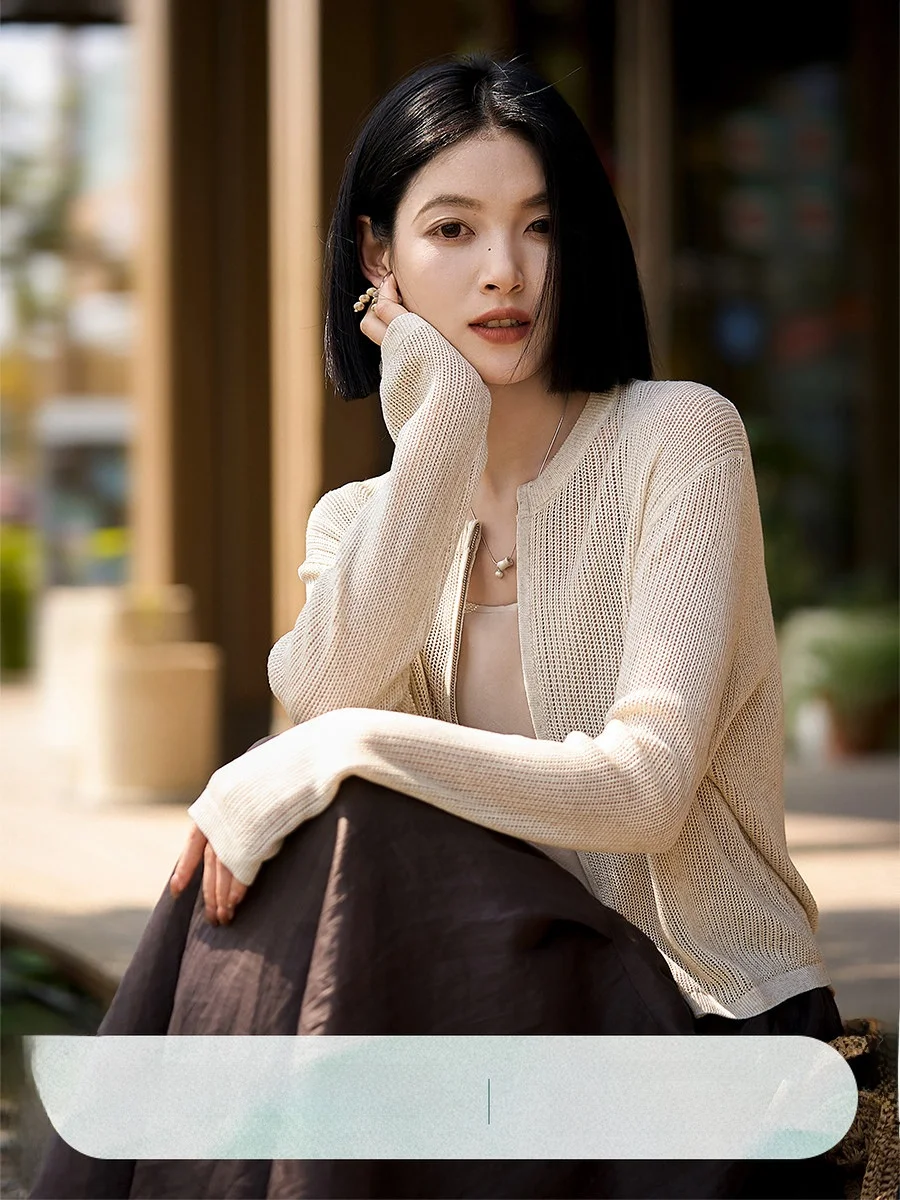 

XiaoHanGe Spring Summer Lightweight Breathable Knitted Open Cardigan Small Outerwear Needle Transfer Hole Mesh Soft Casual