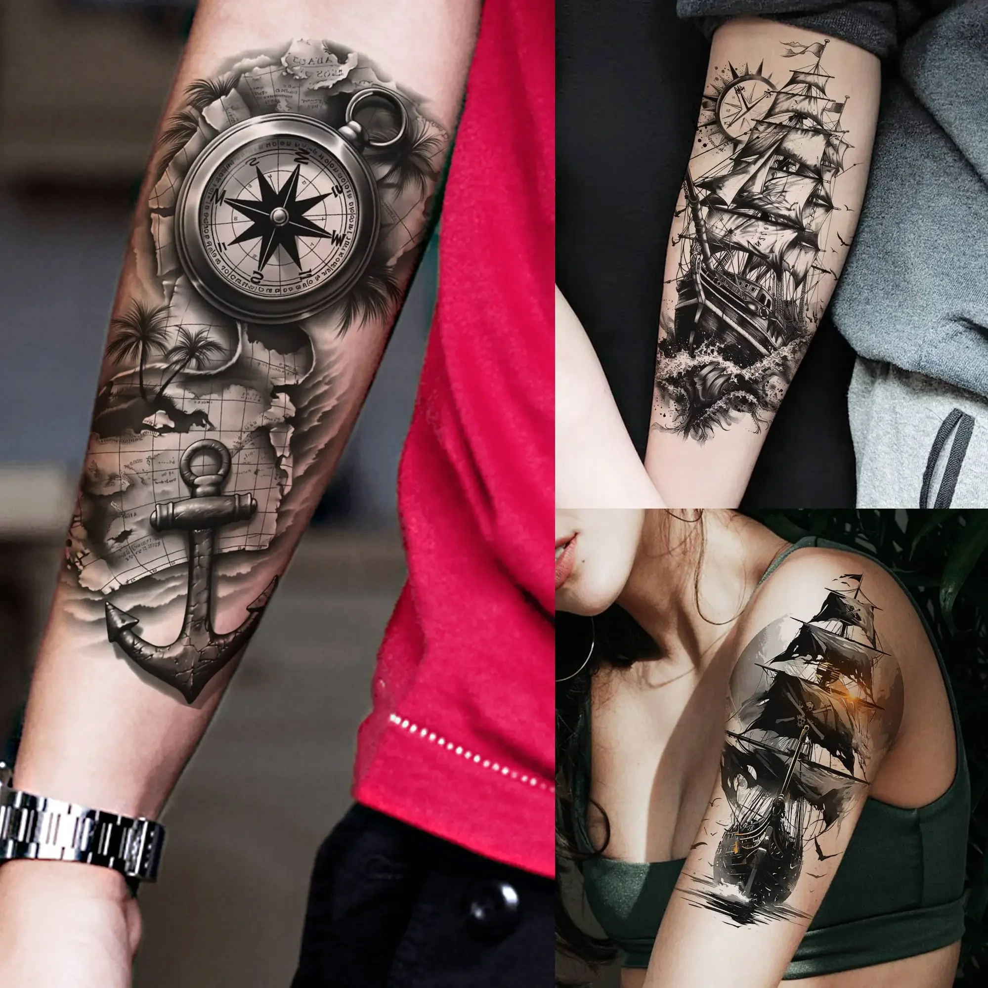 71 folhas barco à vela navio pirata tatuagens temporárias para mulheres  homens meio braço antebraço tatoos realista falso âncora tatuagem adesivo /  Tatuagem e arte corporal, image size:1999x1999