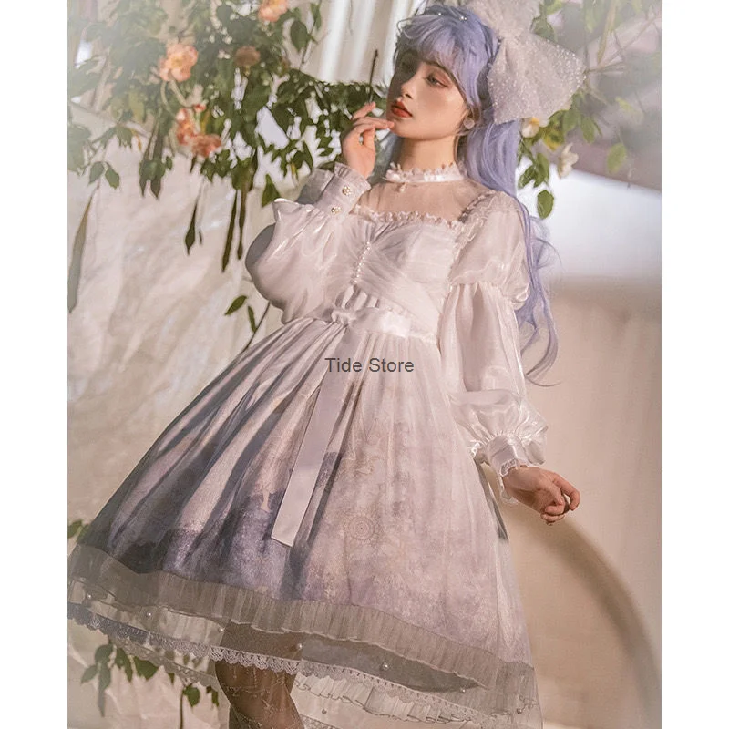 [Picking Stars] autunno/inverno Dress Op manica lunga pizzo fata ragazze Lolita gonna bianco Lolita abiti stile corte