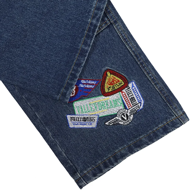 New VALLEY Men Casual Baggy Jeans,Embroidery Patch Badge Wide‑Leg Denim Pants Hip Hop Street Trousers