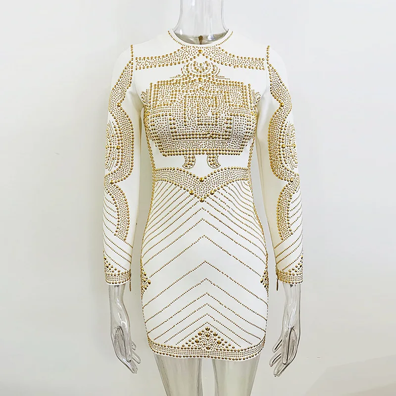 Spring and Autumn 2023 New European and American Stars Fashion Heavy Industry Gilded Women's Dress Slim Slim Long Sleeve Dress