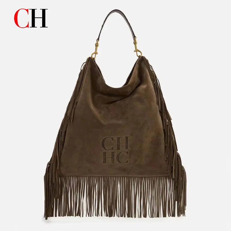 

CH Women's Brown Suede Fringe Hobo Bag Large Capacity Shoulder Bag Retro Western Style Tassel Handbag For Daily Use