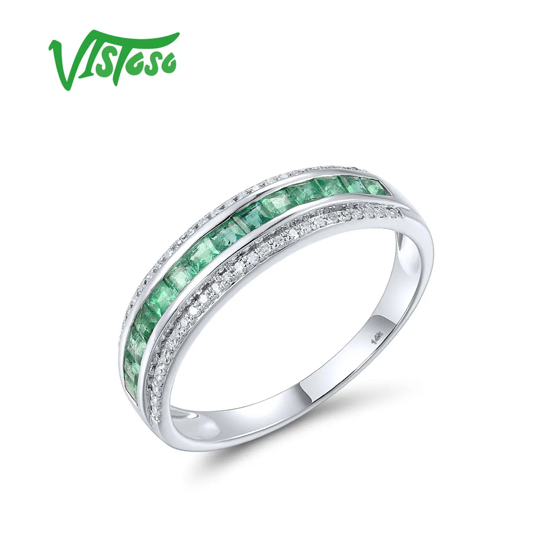 

VISTOSO Authentic 14K 585 White Gold Stackable Ring For Women Sparkling Emerald Diamond Tapper Wedding Anniversary Fine Jewelry