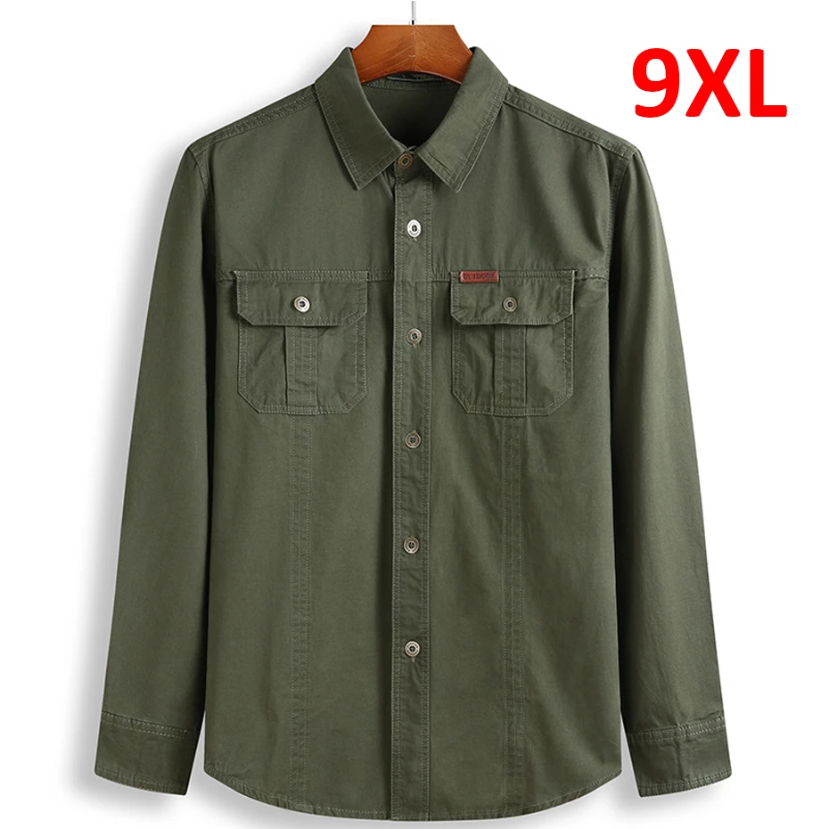 

Plus Size 8XL 10XL Shirt Men Long Sleeve Shirts Spring Autumn Blouse Big Size 10XL Cotton Shirt Outdoor Jacket Green