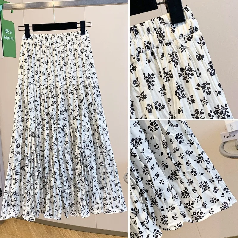 Summer New Floral Women's Pleated Skirt Patterns Slim Elasticity High Waist Loose Fashion Versatile A-line Skirt Trend