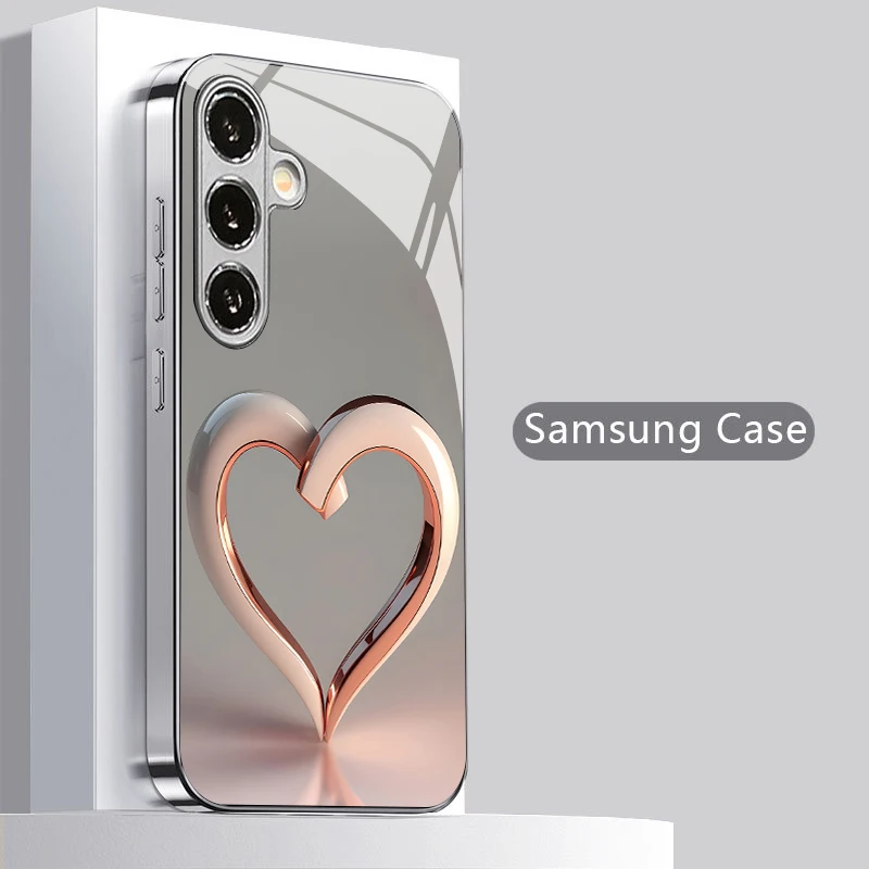 Rose Heart Pattern 2D Phone Case for Samsung S26 S25 S24 S23 S22 S21 S20 A56 A36 A16 - Electroplated Glass Protective Cover