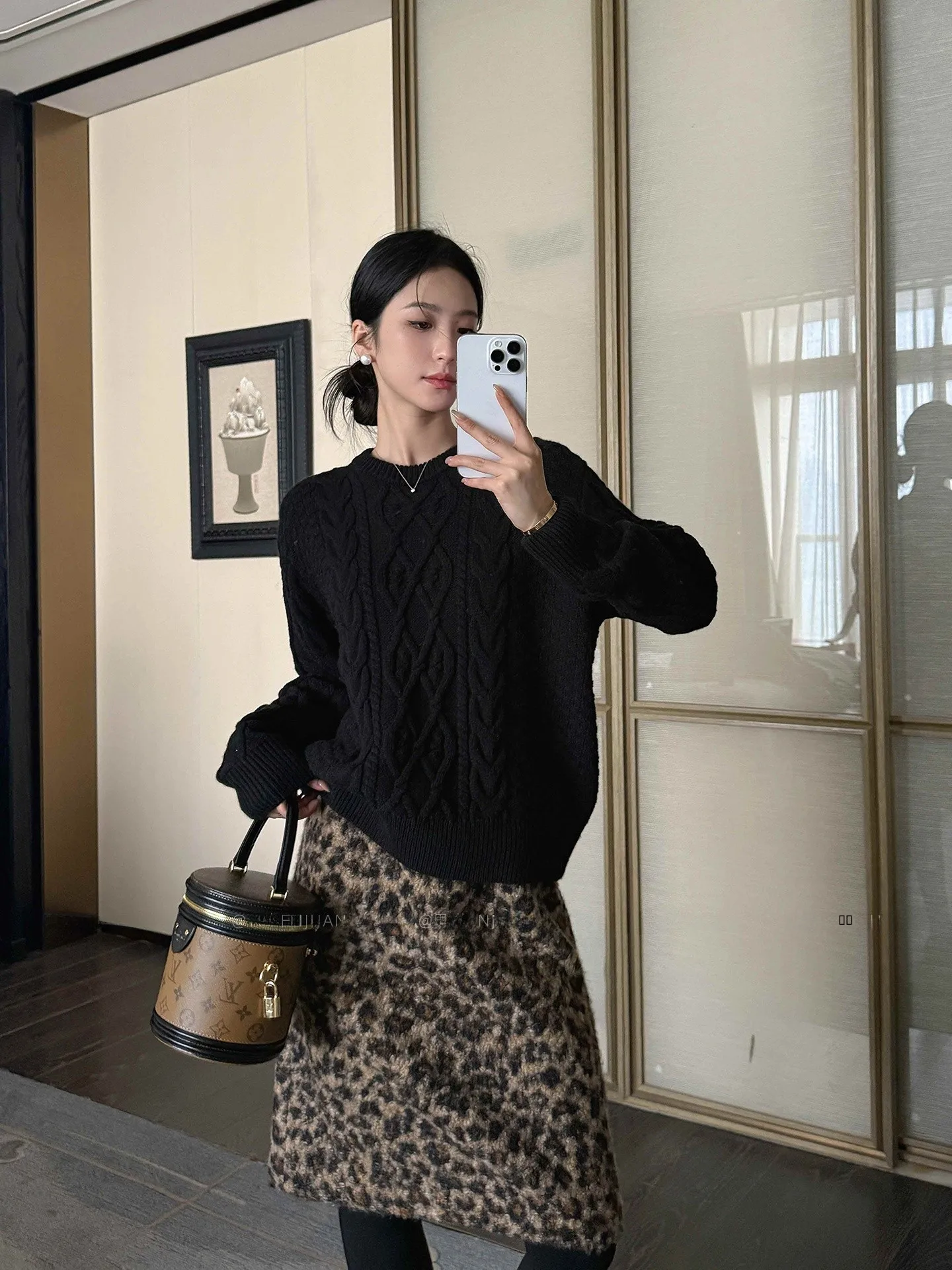 

Trendy Leopard Print f-length Skirt Women's High-waist Elastic Waist Warm Woolen Straight-cut Midi Skirt Casual Wear