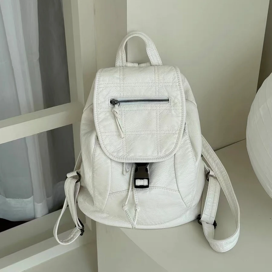 Vintage Soft PU Leather Women Backpack High Quality Black White Backpack for Work College Travel Bagpack