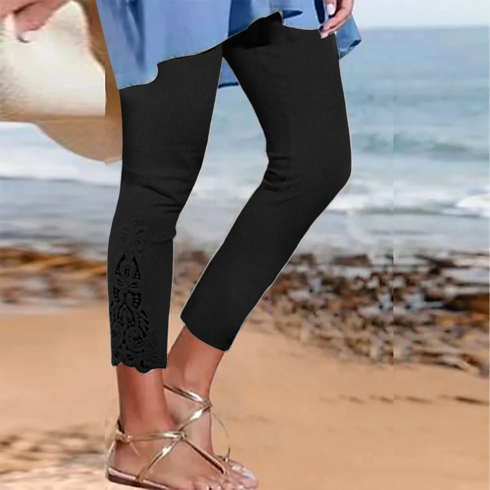 Spring Summer Capris Women\'s Lace  Leggings High Waist Slim Fit Stretchy Long Pants Versatile Women Beachwear Leggings