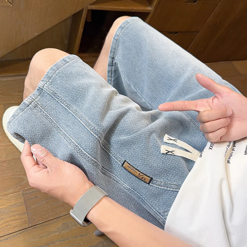 

Summer Men's Vintage Denim Shorts Fashion Straight Loose Casual Jeans Stretch Waist Breathable Youth Short Pants