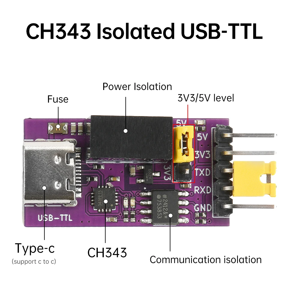 50bps-6Mbps CH343 Isolated USB to TTL DC 3.3V/5V Serial Port Isolated Communication UART Downloader Module Type C Interface