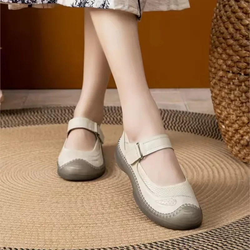 Jesienne, skórzane, płytkie baleriny damskie w stylu retro, na płaskiej podeszwie z miękkiej skóry bydlęcej, buty dla mamy.