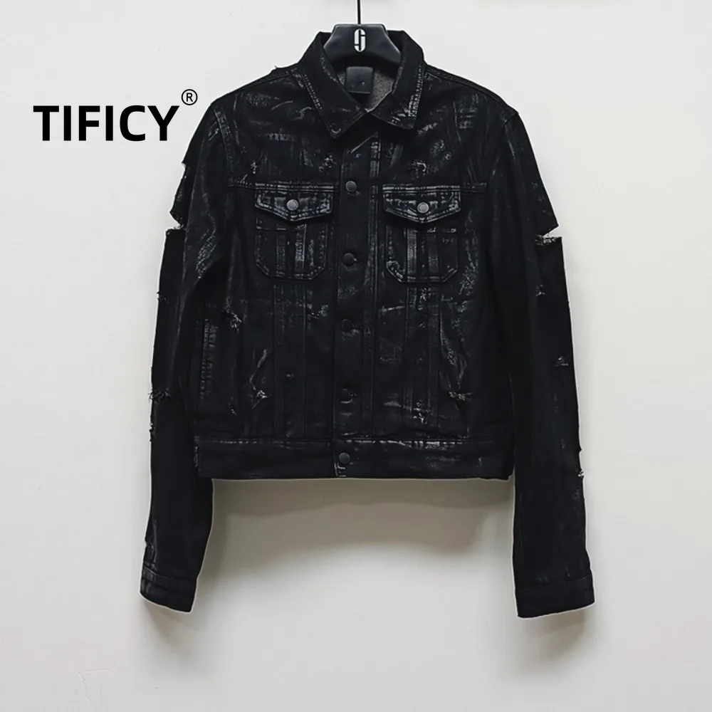 

High Street Jeans Jackets Men's Black Brushed Wax Style Lapel Hand Torn Heavily Damaged Denim Jacket Men Clothing