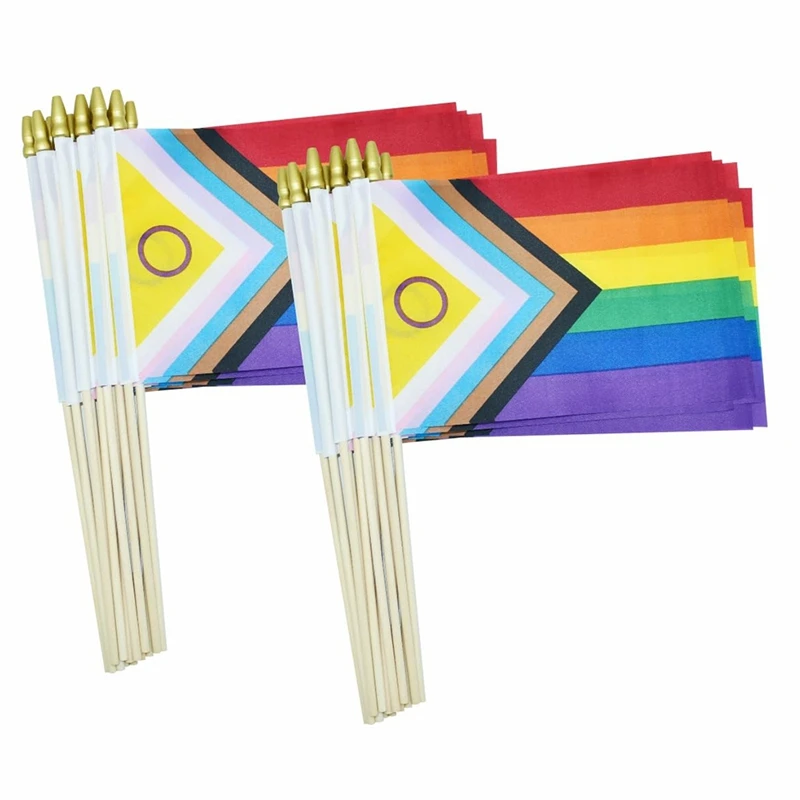 50 Pack Intersex Progress Gay Pride Stick Flag Small Mini Rainbow Hand Held LGBTQ Flags,5X8 Inch