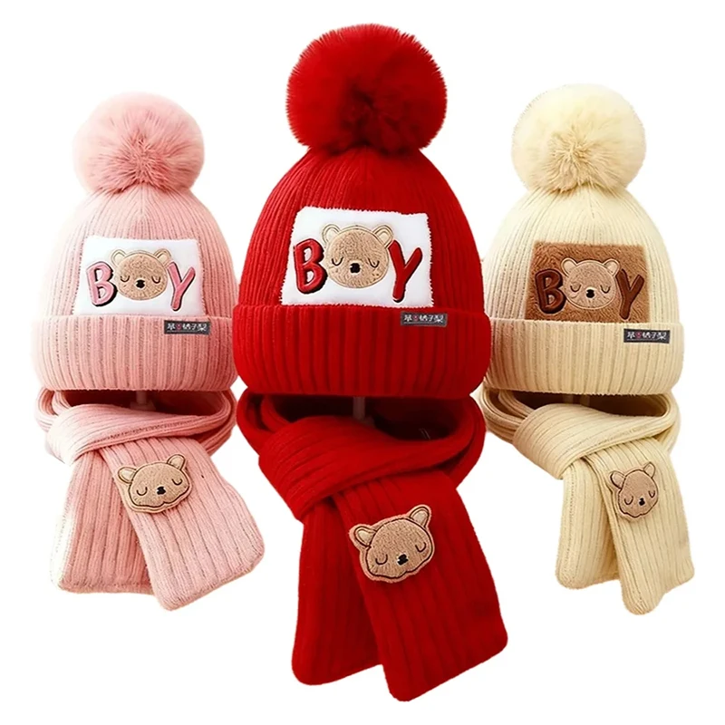 

1 комплект, зимняя детская вязаная шапка, шарф, костюм из 2 предметов, уличный ветрозащитный утолщенный теплый детский шапочка для мальчиков и девочек, шарф и шапки