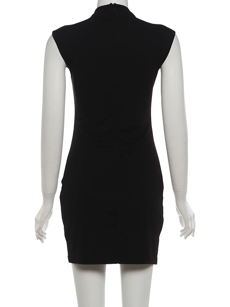 Estranho gato oco zip sexy vestido feminino sem mangas sólido magro estiramento halter sem mangas estiramento festa de aniversário clubwear bodycon