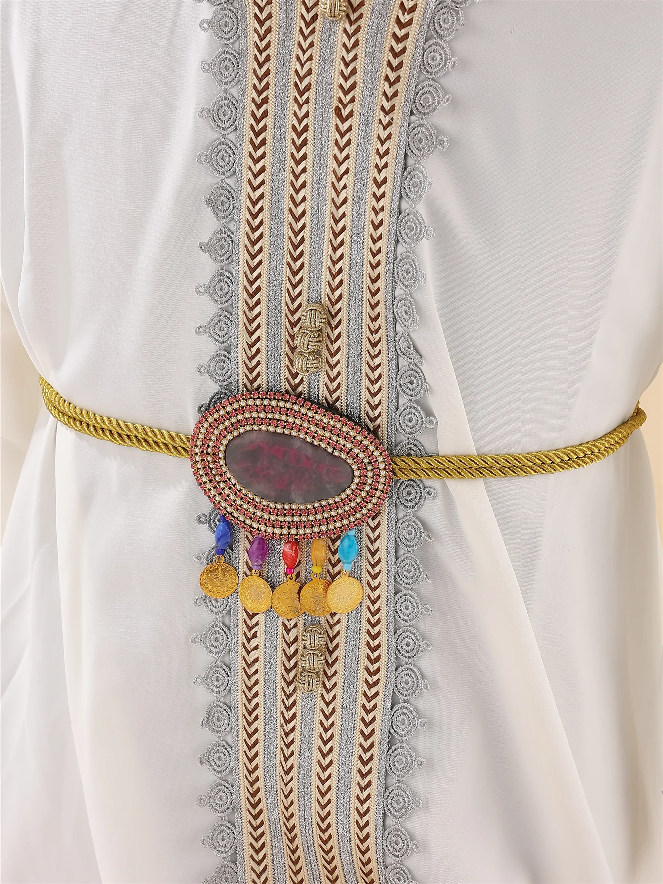Boho Morocco Gold Coin Waist Belt Colorful Crystal Rhinestone Braided Rope Belt for Women Ethnic Wedding Party Body Jewelry