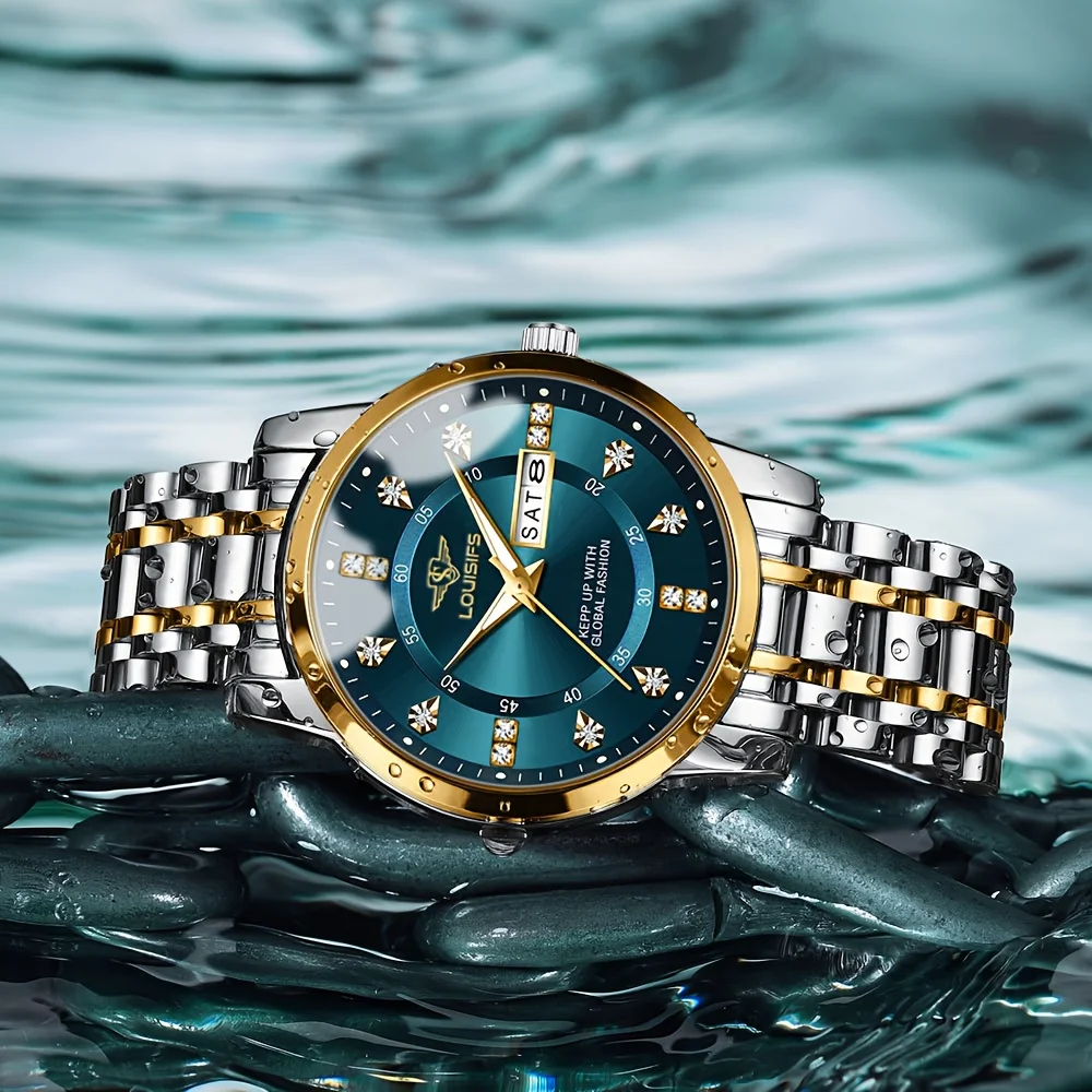 LOUISIFS Деловые мужские часы Водонепроницаемые светящиеся часы с датой недели Изысканные мужские наручные часы Классические мужские кварцевые часы из нержавеющей стали