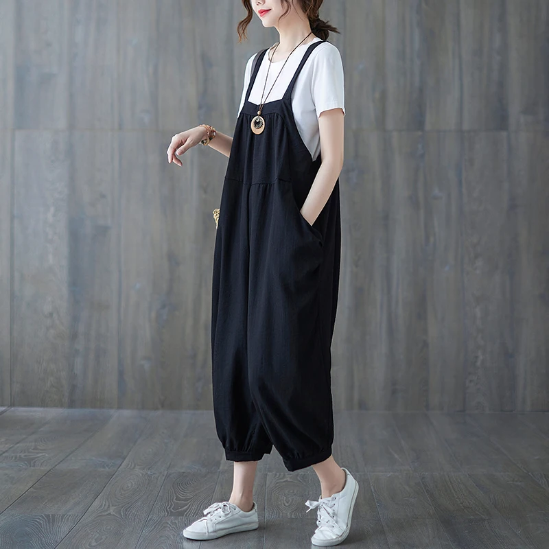 High-Quality Women's Jumpsuit Solid Casual Loose Retro Shoulder Straps Cotton Linen Comfortable Casual Women's Jumpsuits wh12