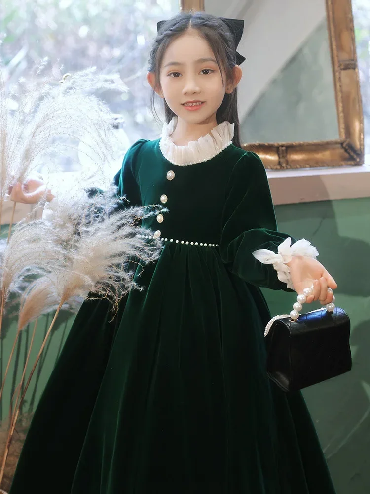 elegant Long Dark Green Child Princess Ball Gown Velvet Flower Girls Wedding Dresses for Baby Teens Prom Formal Party Clothes