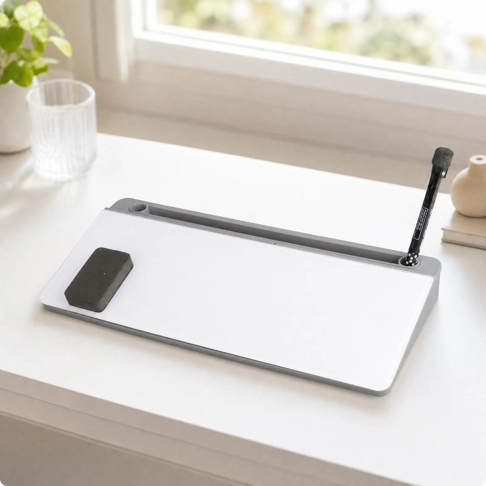 Small Single Sided Glass Writing Board for Tabletop Use with Eraser and Pen Tray