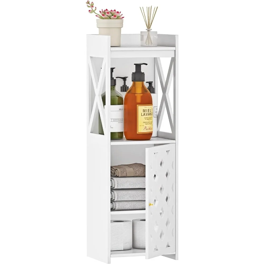 

Bathroom Storage Cabinet, White Bathroom Floor Cabinet Freestanding Organizer with Door and Open Shelf for Kitchen Living Room