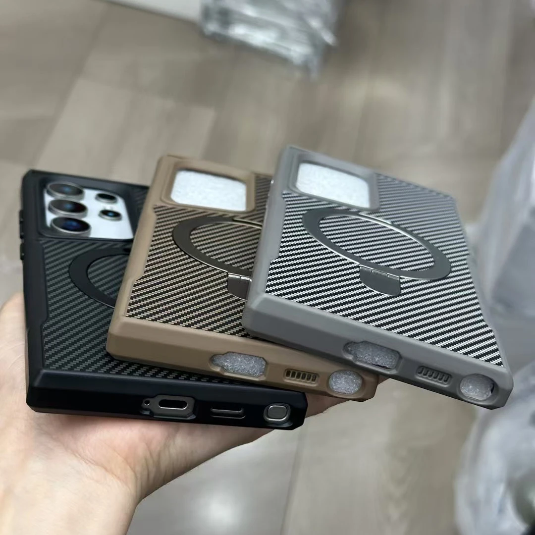 Desert Gold carbon fibre magsafe charging phone case for Samsung Galaxy S25 S24 S23 Ultra Plus metal holder magnetic hard case