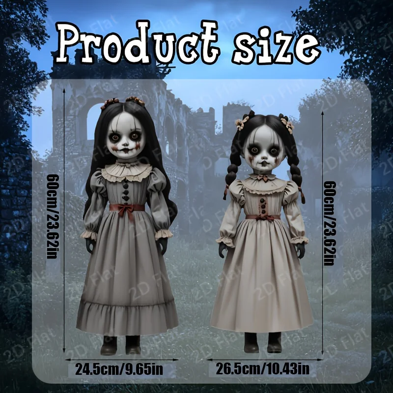 2-piece set, 2D flat, horror doll garden plastic bracket for outdoor decoration, suitable for lawns, yards, Halloween, Christmas