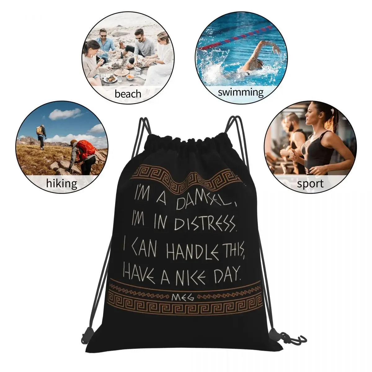 Meg Quote-mochila multifunción para hombre y mujer, bolso portátil con cordón, bolsa de artículos diversos para estudiantes, color negro