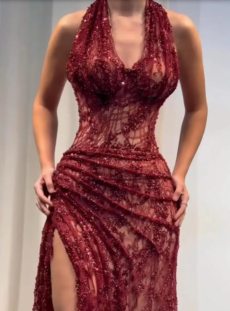 Customized Burgundy Halter Neck Sheer Lace Sequin Evening Dress High Slit Bodycon Prom Gown Party Formal Red Carpet Dresses view 2