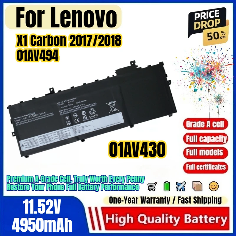 01AV430 for Lenovo X1 Carbon 2017/2018 01AV494 Laptop Battery 0 Cycle High Capacity Battery Replacement Bateria Grade A Cell