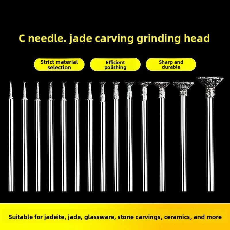 C Tip Diamond Coated Grinding Burr / 20Pcs Jade Carving Bit Horn Triangle Pin Jadeite Polishing Engraving Needle