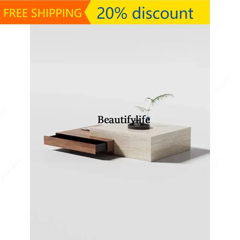 J132 Cave stone marble living room home telescopic minimalist mid-ancient style high-end rock slab walnut retro wood coffee tabl
