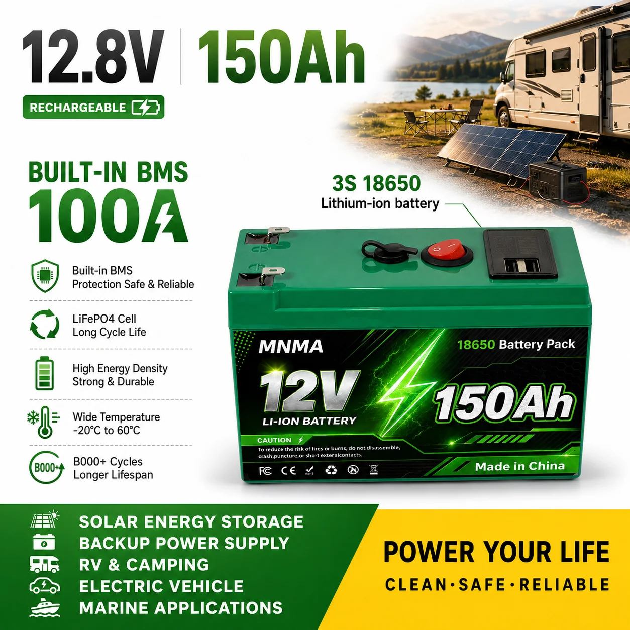 12V 150Ah lithium-ion battery built-in 100A BMS, for RV/solar/fish exploration/off grid appliances, 18650 rechargeable battery