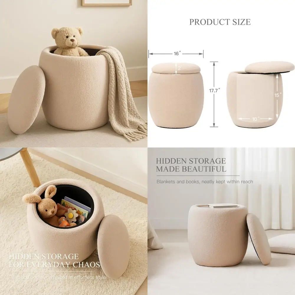 

Khaki Round Upholstered Ottoman with Hidden Storage, Small Modern Boho Foot Stool with Removable Lid