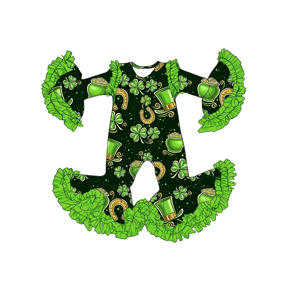 St. Parker's Day boutique children set four-leaf clover print long sleeve bell sleeve mesh romper bell pants mesh baby jumpsuit
