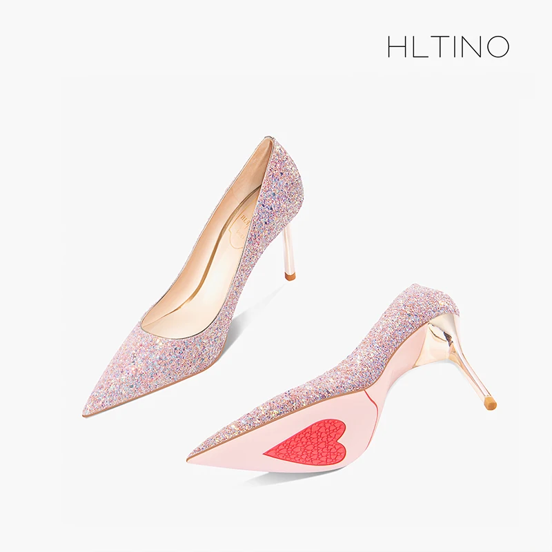 

Pink Glitter Shoes with Pointed Toe Genuine Leather Pumps with Sequin Spring Summer Women Thin Heels Women High Heel Shoe Bride