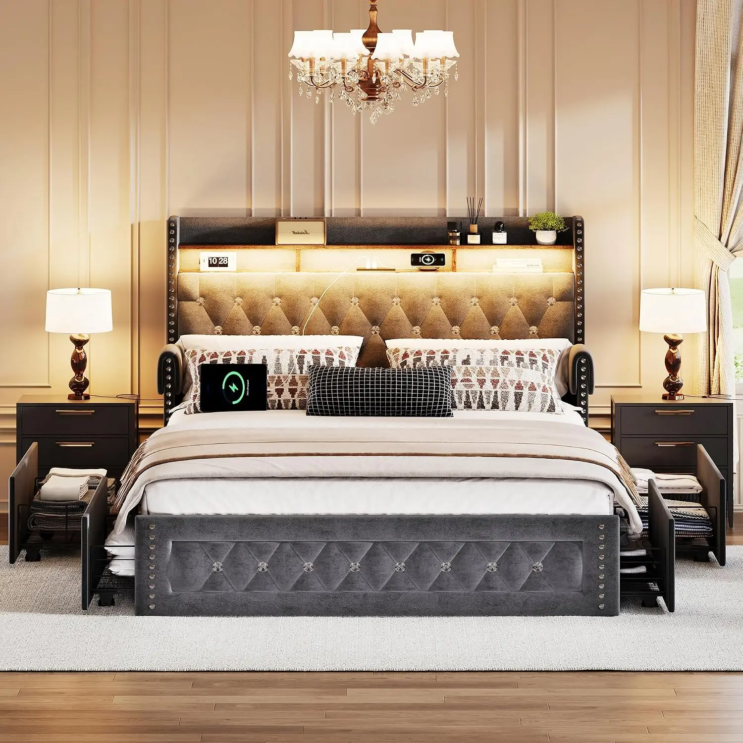 Velvet Queen Bed Frame 4 Drawers, Platform Bed Charging Station Bookcase Headboard LED Crystal Wingback Grey, Customized