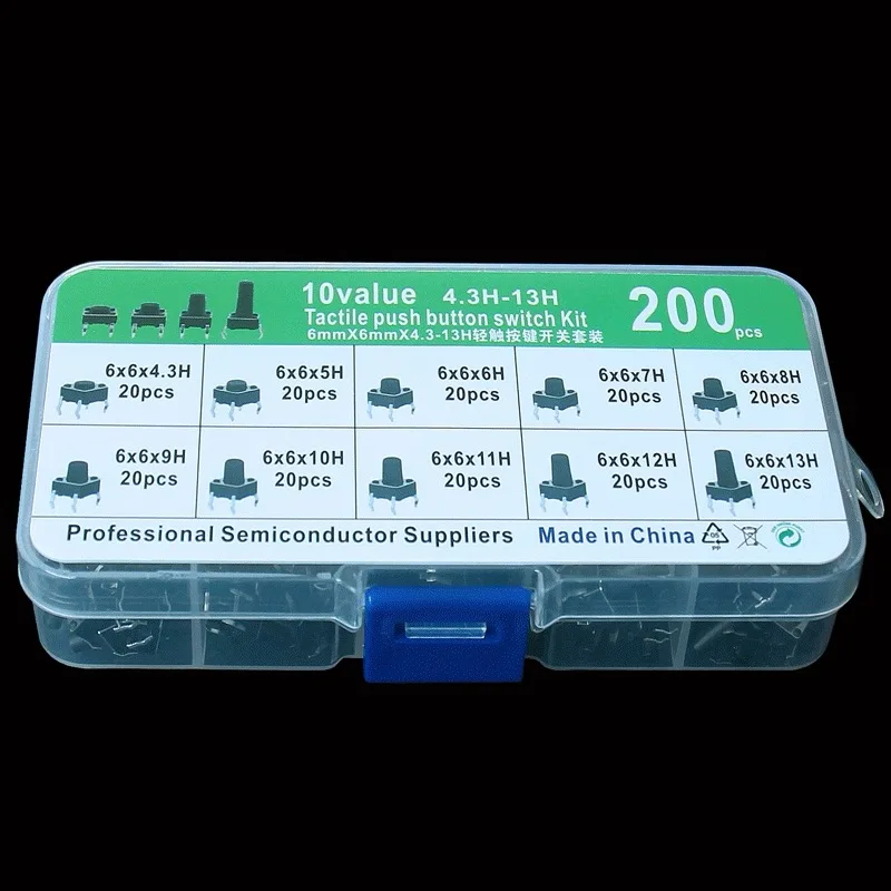 10 Types, 200 Push-Button Switches Plug-in Tactile Switches Button Switch Classification Box Kit 6×6mm,