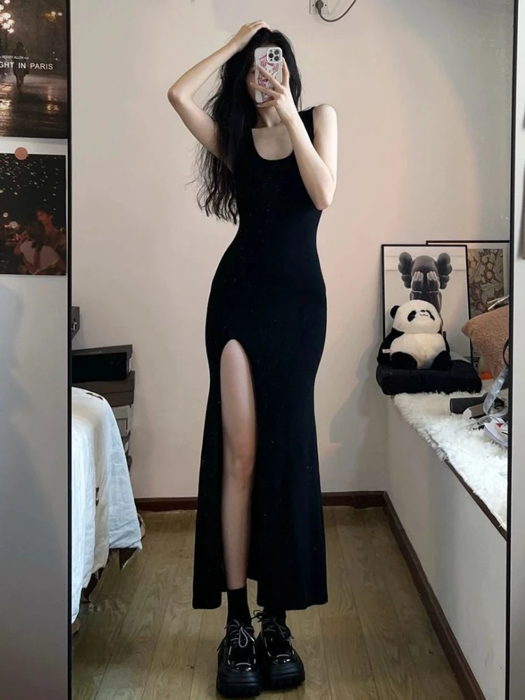 Black Sleeveless Dress Women Side Slit Irregular Mid Calf Sexy Sheath Solid Minimalist Summer Elegant Korean Fashion Style Chic