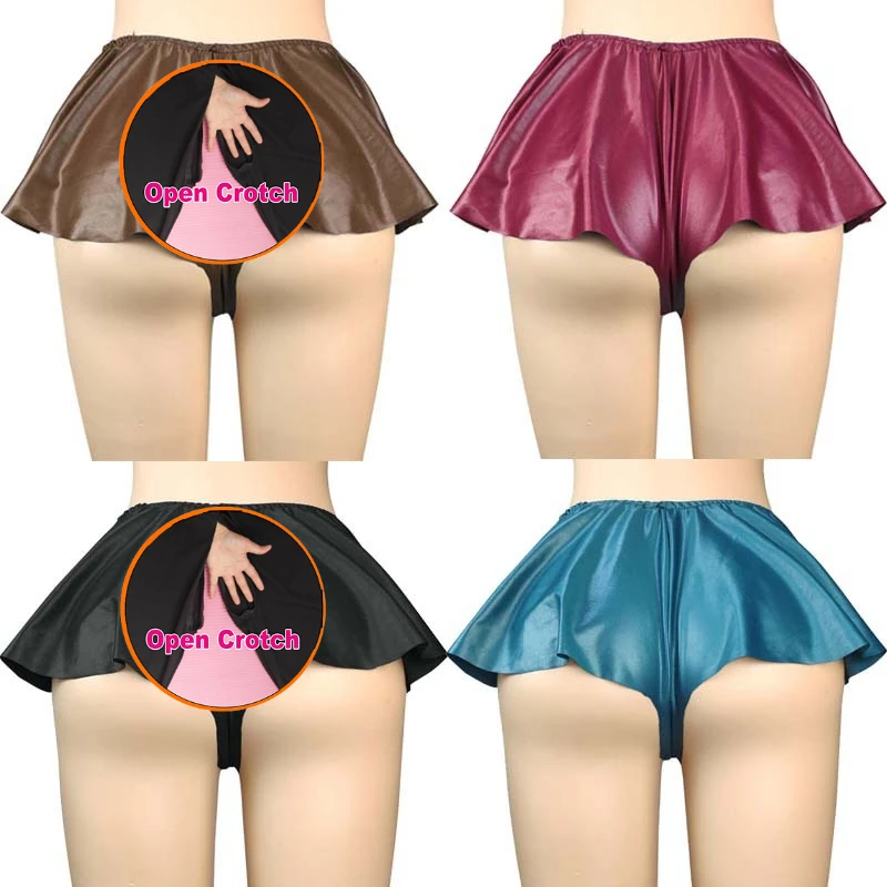 

Women's Crotch Opening Spring and Summer Elastic Matte Imitation Leather Women's Low Waist Three-point Skirt Sexy Miniskirt