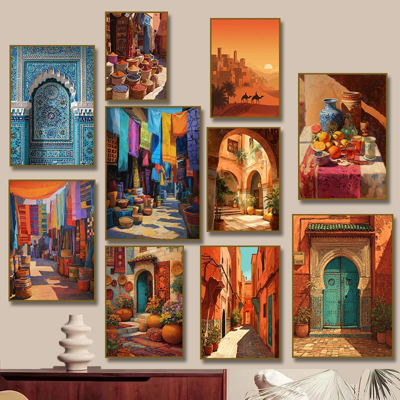 Moroccan Door Marrakesh Terracotta  Architecture Camel Poster Wall Art Canvas Painting Print Boho Wall Art Picture Home Decor
