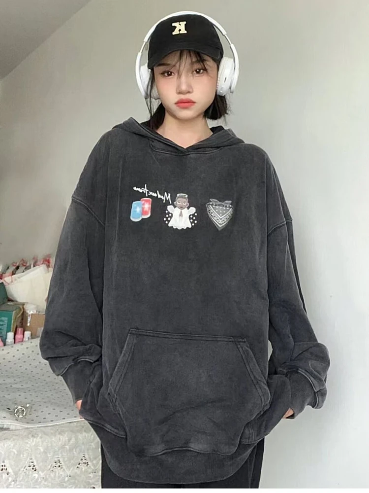 

Большие толстовки в стиле хип-хоп, женские винтажные флисовые толстовки с мультяшным принтом, мужская модная свободная толстовка с капюшоном для пар, женская одежда