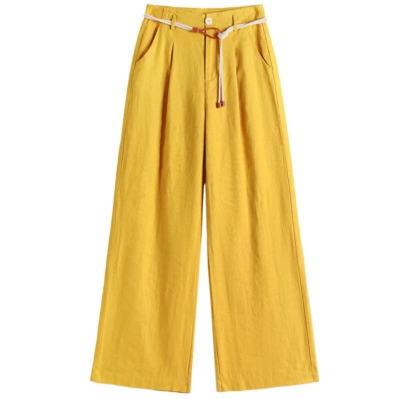 Pantalones de pierna ancha de lino puro para mujer, novedad de verano, pantalones holgados informales hasta el suelo, cómodos, de cintura alta, para ir al trabajo