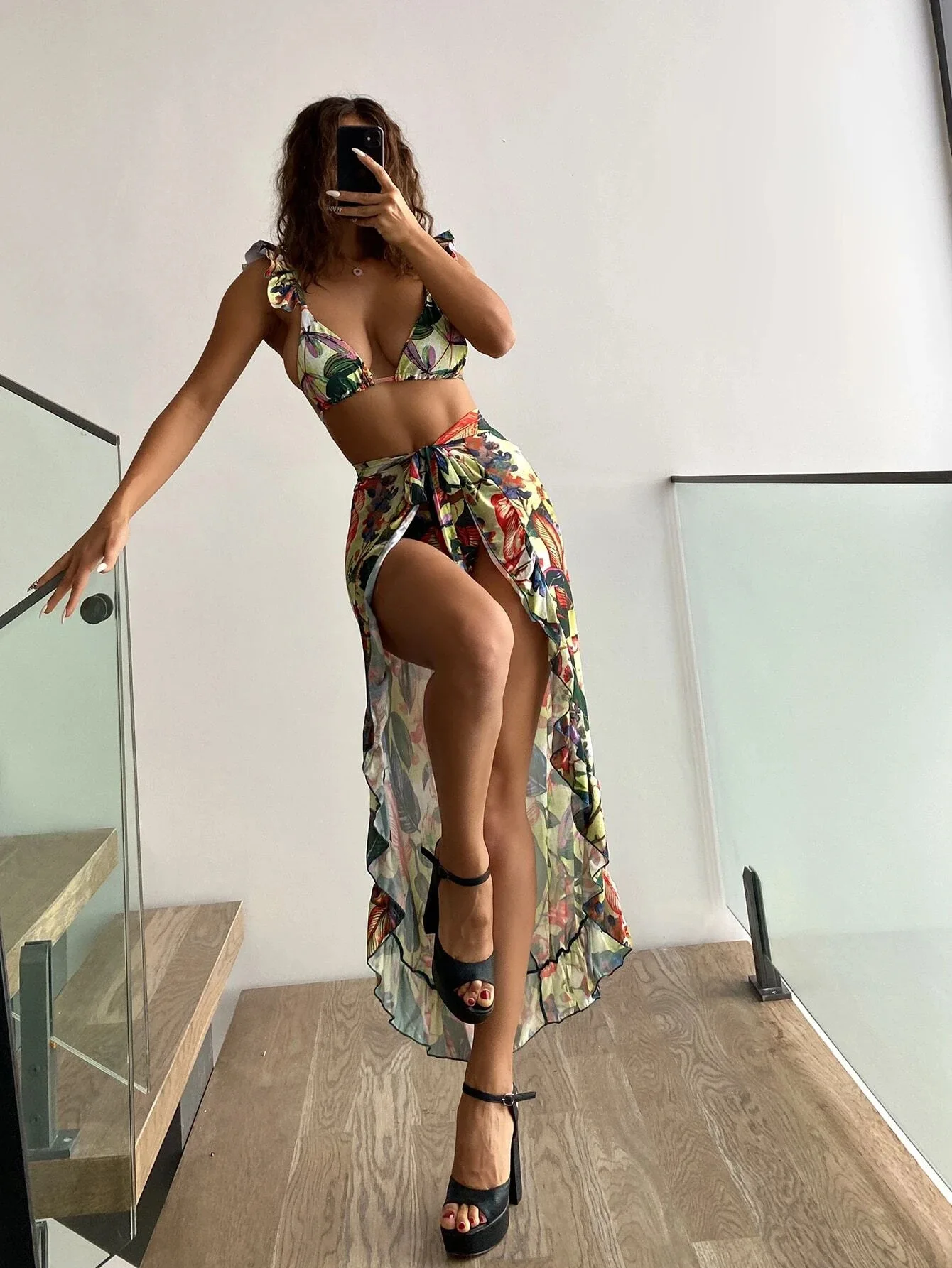 

Vintage Green Leaves Print Long Skirt 3 Piece Bikini Set 2026 Women Ruffles Push Up High Waist Swimsuit Bathing Suit Swimwear