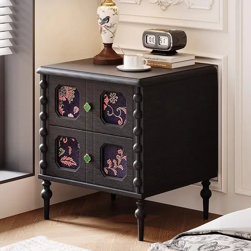 French Floral Inlay Drawer Nightstand Beaded Side Trim Curved Vintage Leg Storage Bedside Cabinet For Bedroom