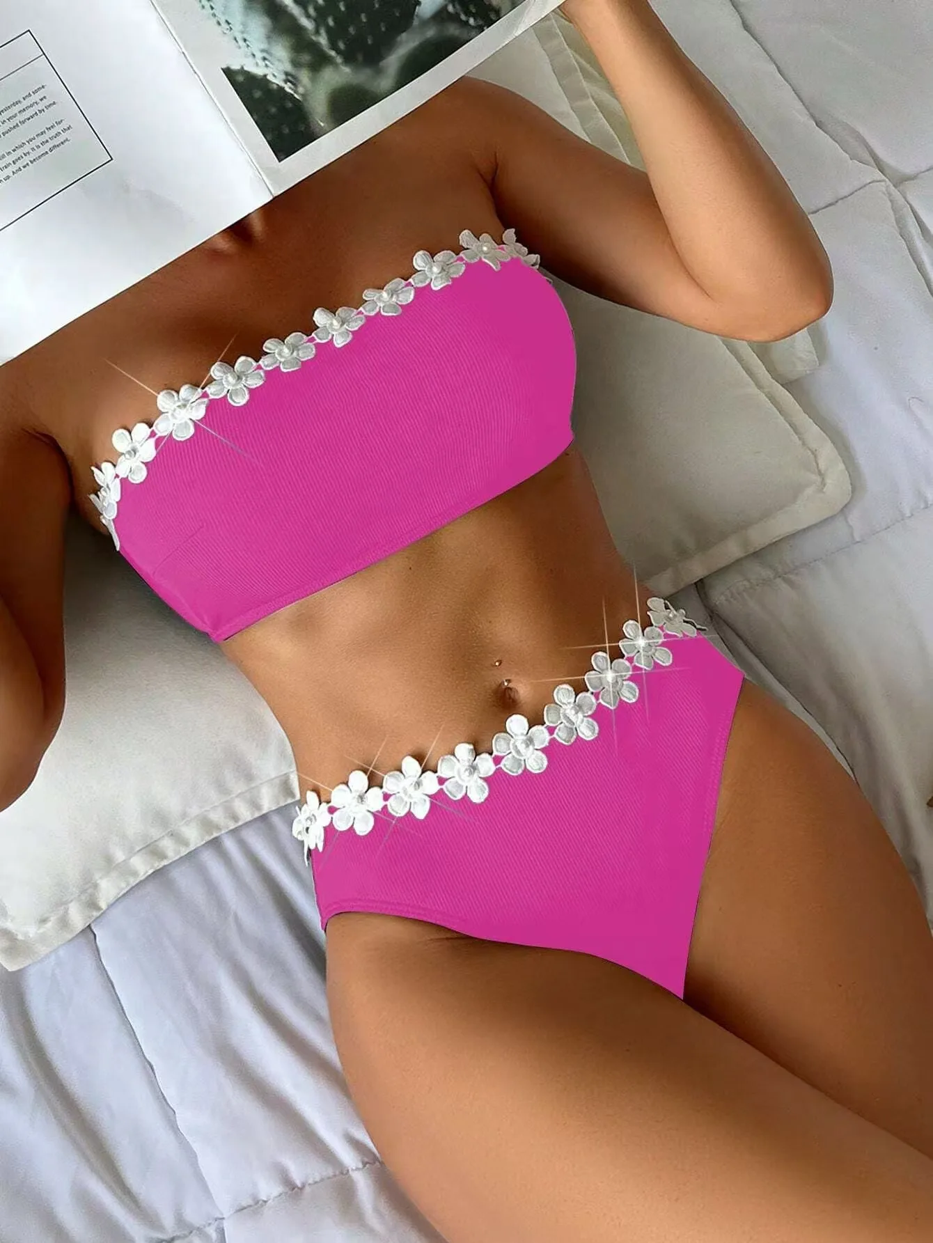 Bikini set women's strapless beach hot spring vacation flower with chest cushion sexy backless swimsuit 2026 new product