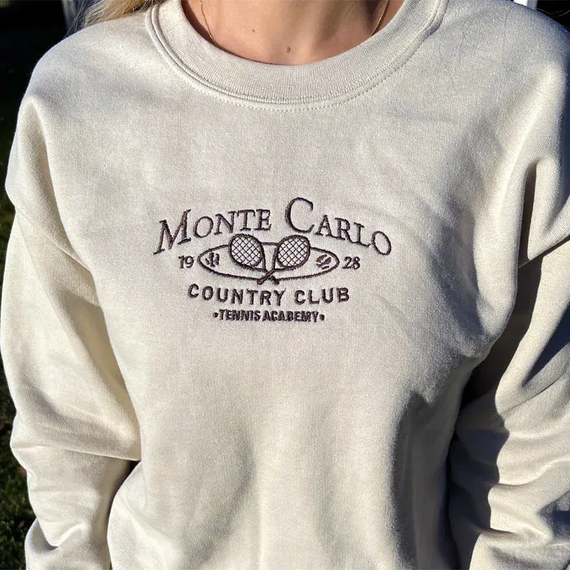 

Monte Carlo Country Club Vintage Embroidered Sweatshirts for Women Khaki Loose Cotton Thick Fleece Autumn Winter Tops Pullovers
