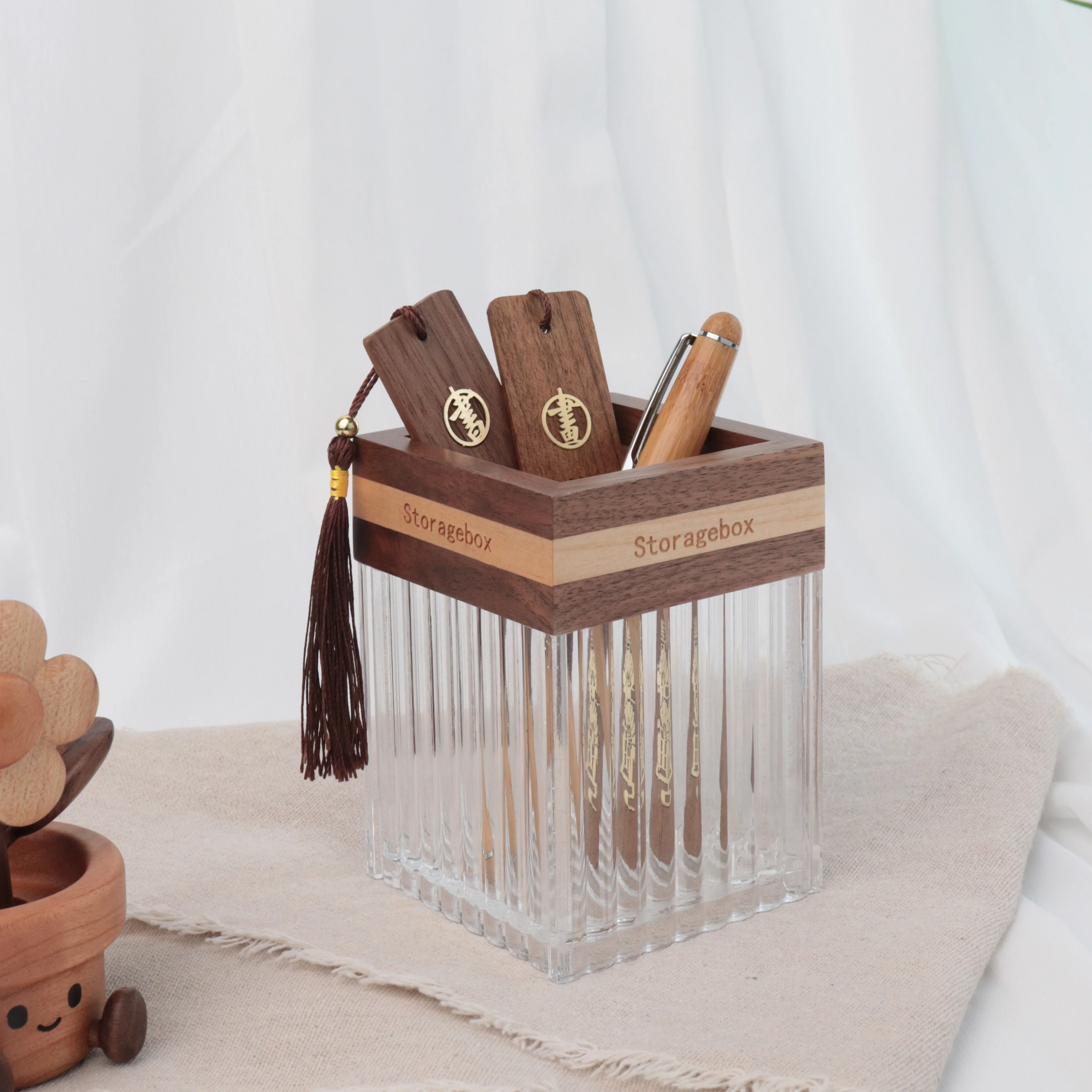 Luxury Shockproof Acrylic Pen Holder Decor With Ebony ，Maple Wood Perfect For Living Room ,Bedroom Home Decor.