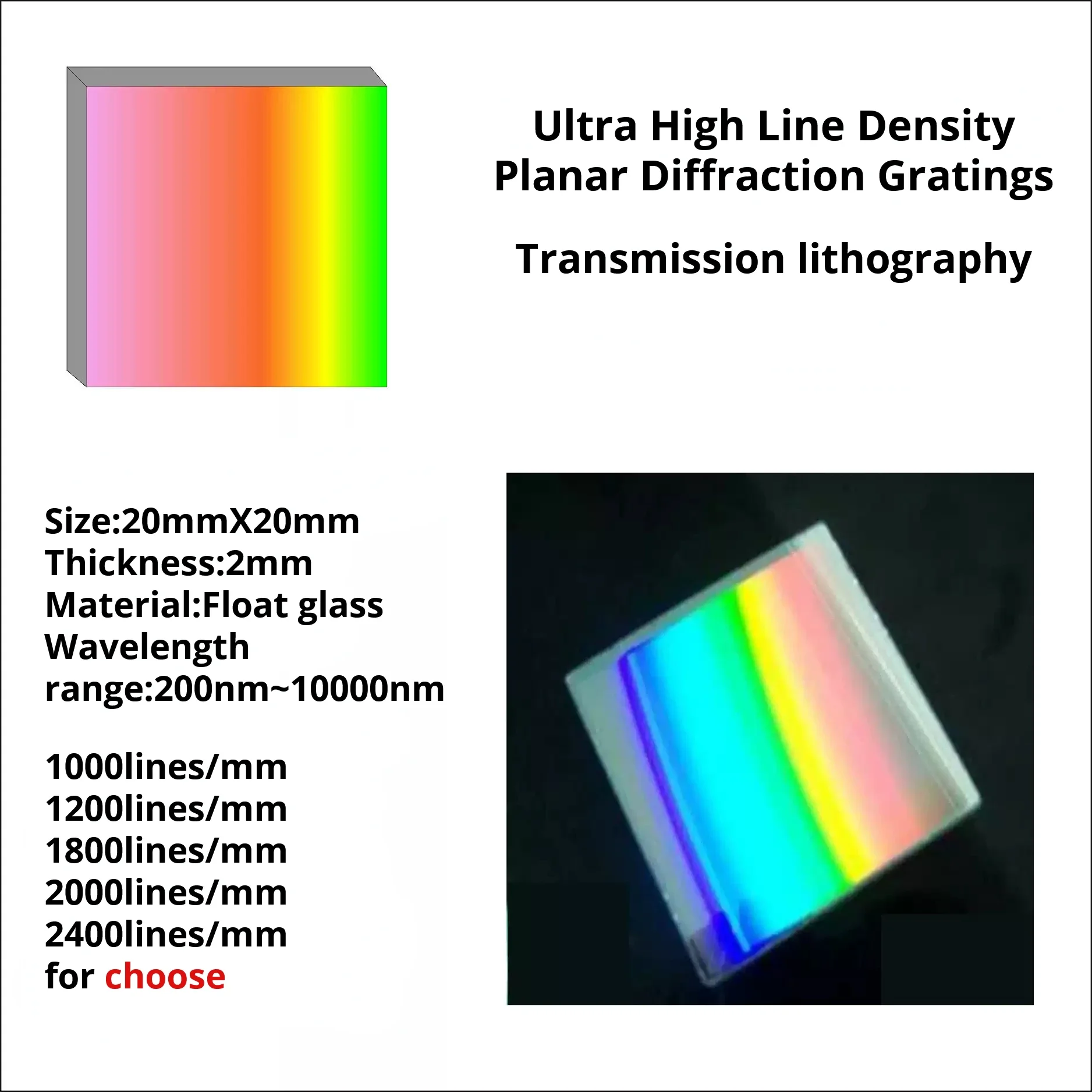 Ultra-High Linear Density Planar Diffraction Grating One Dimensional Holographic Interference Spectrometer Monochromator Grating